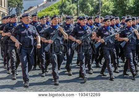 ROME ITALY - JUNE 2 2017: Military parade at Italian National Day. Carabinieri in formation. Picture is taken between Piazza Venezia and Teatro di Marcello.