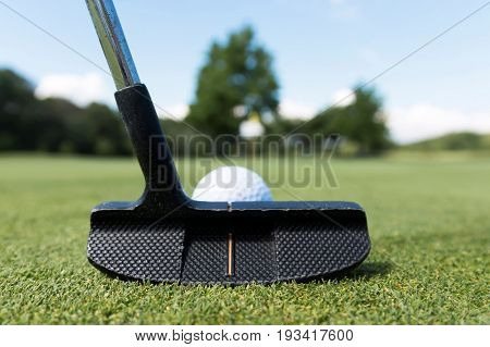 A black putter lines up a putt with a white ball on the green at a glof course