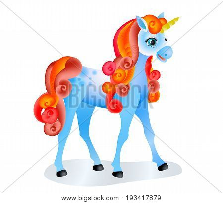 Cute cartoon unicorn with colorful mane and tail. Isolated image on white. Vector illustration.