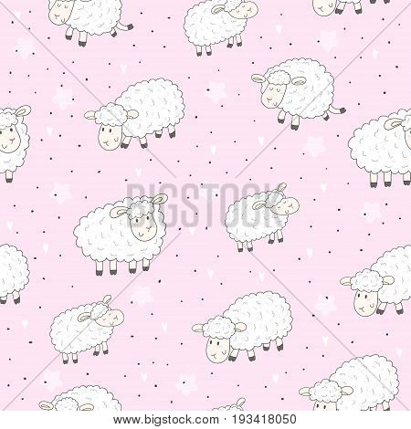 Cute seamless pattern with funny sheep. vector illustration.