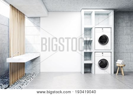 Gray laundry room interior with a sink two washing machines a tree in a pot and a set of shelves. Side view. 3d rendering mock up