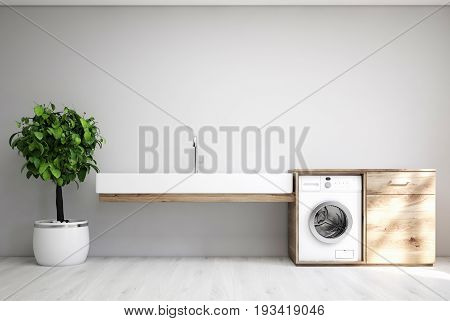 Gray laundry room interior with a sink a washing machine a tree in a pot and a cabinet. 3d rendering mock up