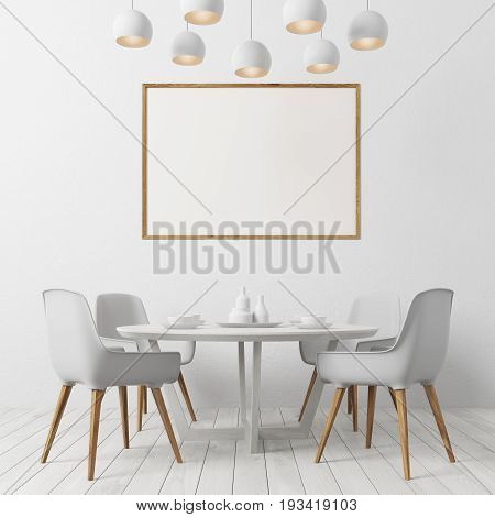 Dining room interior with white walls a horizontal poster hanging above a table with white chairs and a modern lamp. 3d rendering mock up