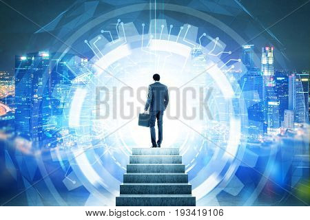 Rear view of an African American businessman entering a glowing HUD. Concept of a future and looking for a way out. Strairs