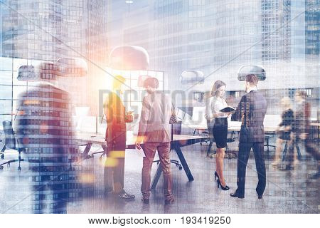 Modern open space office with concrete walls wooden floor and rows of tables with computers on them. Original lamps. Corner people. 3d rendering mock up toned image double exposure
