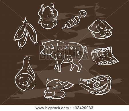 Collection of hand-drawn meat on blackboard. Retro vintage style . vector eps10
