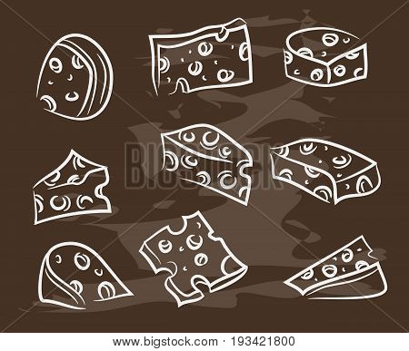 Collection of hand-drawn cheese on blackboard. Retro vintage style  .Vector illustration EPS10