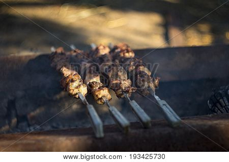 Closeup Of Some Meat Skewers Being Grilled In A Barbecue