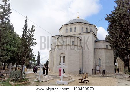 Jerusalem Israel. - February 15.2017. Savior of the Ascension Convent of the Russian Orthodox Church in Jerusalem. The Mount of Olives. Church of the Ascension in Jerusalem