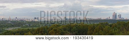 Panoramic view of Moscow from Krylatskoye District. Sunset time.