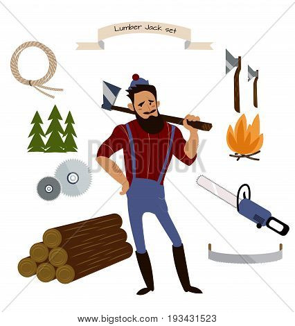 Lumberjack, timber and woodworking tools vector icons