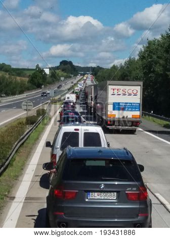 PRAGUE CZECH REPUBLIC - CIRCA JULY 2016: motorway leading to Prague with traffic jam