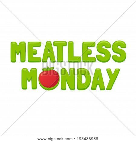 Meatless Monday text banner with cartoon tomato. Vegetarian health campaign vector illustration.