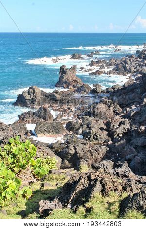 Black volcanic rocck along the beach in St. Kitts