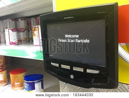 Keningau,Sabah-June 23,2017:Motorola price scanner in the Giant Malaysian Supermarket in Keningau,Sabah.Its assist customers by checking the price of the goods before make payment to the cashier.