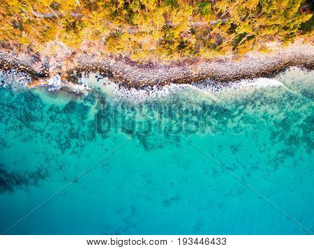 An aerial view of the beach at Noosa on a clear day on the Sunshine Coast in Australia