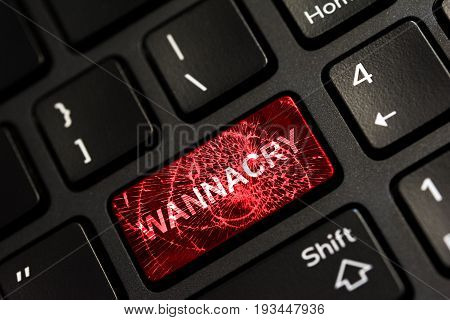 Message on broken red enter key of keyboard. Computer wannacry virus attack. Copy space