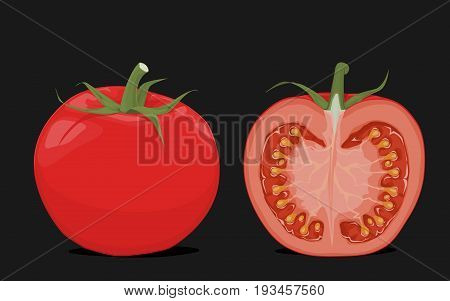 Tomato and its vertical cut piece on front view