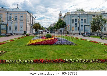 TVER RUSSIA - JULY 31 2016: Flowerbed on The crossroads of Sovetskaya and Trekhsvyatskaya street in the center of Tver city