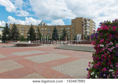 TVER RUSSIA - JULY 31 2016: a Stele in honor of assignment of Tver ranks the City of military glory on The Sovetskaya street in the center of Tver city