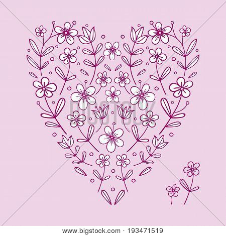 Stylized heart of flowers in vector on pink background.