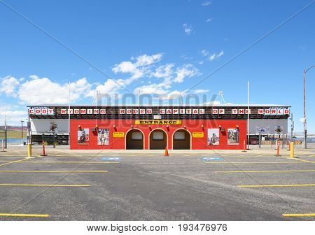 CODY, WYOMING - JUNE 24, 2017: Cody Stampede Park entrance. Cody is the Rodeo Capitol of the World. 2017 marks 79th anniversary of nightly performances.