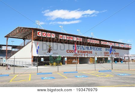 CODY, WYOMING - JUNE 24, 2017: Cody Stampede Park arena. Cody is the Rodeo Capitol of the World. 2017 marks 79th anniversary of nightly performances.
