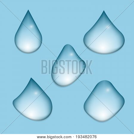 Water drops realistic. Iolated on blue vector.