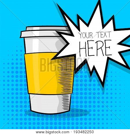 Pop art advertise poster. Mockup paper hot tea coffee mug. Beautiful wow bright color poster. Comic text cartoon speech sale bubble, balloon cloud box. Vector halftone illustration.