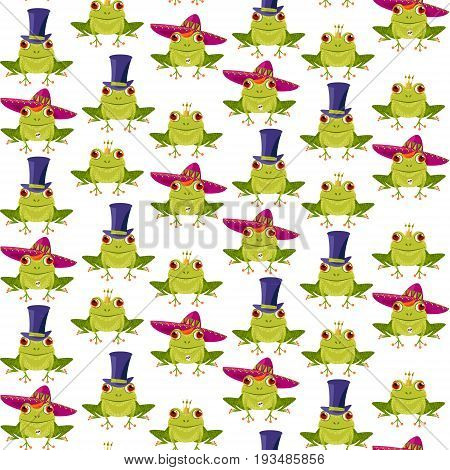 Frog in a crown a sombrero and a top hat. Frogs in various hats. Seamless background pattern. Vector illustration