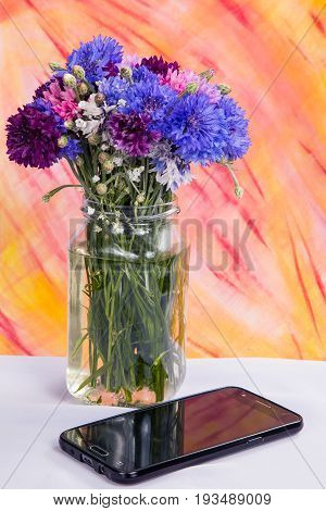 A bouquet of variegated cornflowers with a mobile phone on a color background