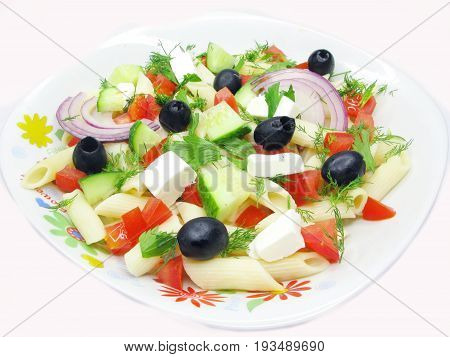 greek salad with cheese olive tomato and pasta