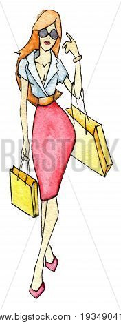 watercolor sketch of shopping woman isolated on white background