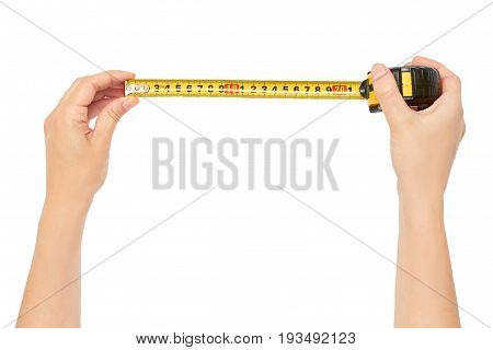 Female Hands Hold A Tape Measure To Measure The Size. Isolated On White Background