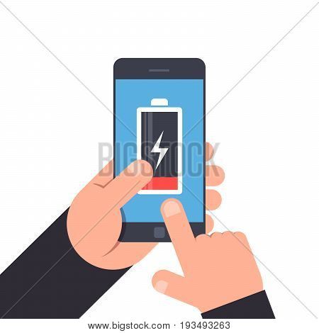 Hand holding and pointing to a smartphone. Low battery life of mobile phone. Battery icon on blue background smartphone. Premium quality vector illustration in flat style isolated on white background