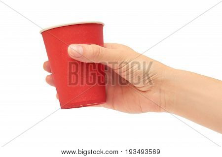 Female Hands Hold A Cardboard Or Plastic Disposable Cup. Isolated On White Background