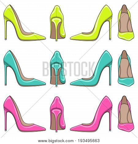 Set of bright color illuminations of female classical shoes with high heels. Isolated objects on white background.