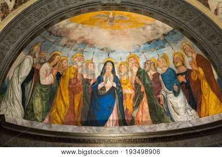 VERONA ITALY - MAY 1 2016 - Interior of Sant'Anastasia Church in Verona Italy. Sant'Anastasia is a church of the Dominican Order in Verona it was built in 1280 -1400