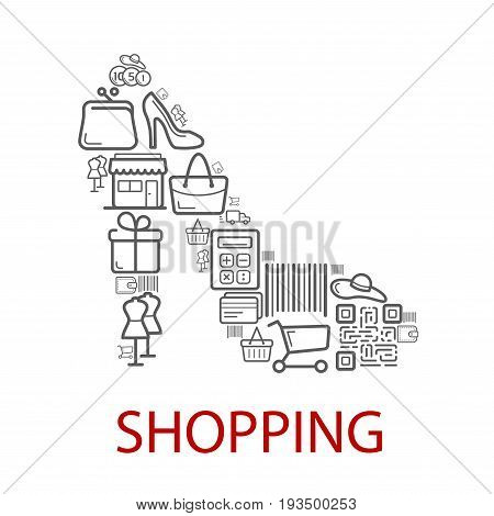 Shopping poster of woman high heel shoe combined of vector retail and sale or shop purchase icons of dress mannequin, shopping cart or bag and bar code, money coins in wallet or credit card and cash