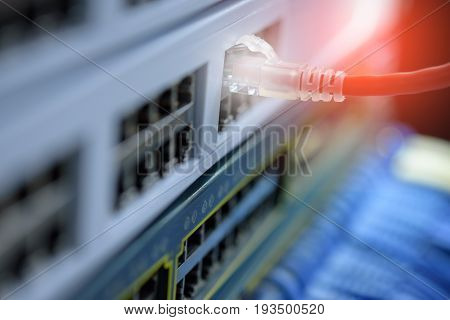 Network switch connected with RJ45 UTP cables in data center room