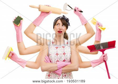 Very busy multitasking housewife on white background. Concept of supermom and superwoman