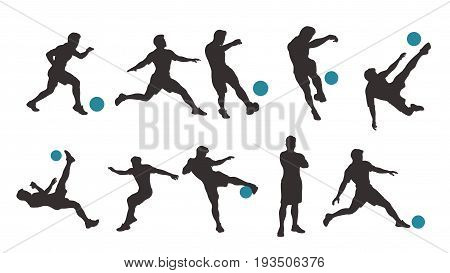 illustration of dark color soccer player set in different poses with blue ball isolated on white background