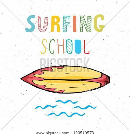 Surf boards hand drawn sketch t-shirt print design surfing school typography Summer vintage retro badge template vector illustration.