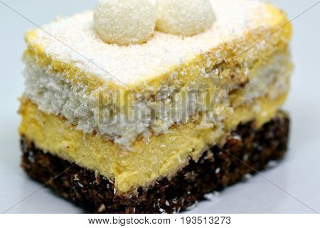 Close view on the Raffaello cake made from biscuit and coconut