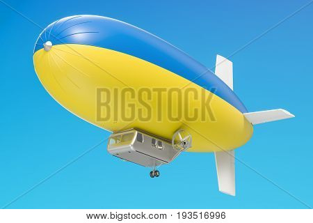 Airship or dirigible balloon with Ukrainian flag 3D rendering isolated on white background