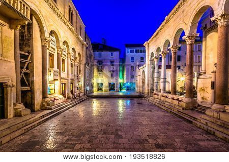 Night view at famous square Peristil in city center of town Split, popular tourist and historic place in Croatia, Europe.