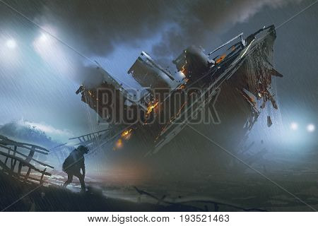 scene of man escape a sinking ship in rainy night, digital art style, illustration painting