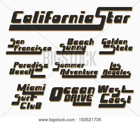 California Los Angeles San Francisco Miami typography for t-shirt print. Set of vintage t shirt stamp. Printing and badge applique label t-shirts jeans casual wear. Vector illustration.