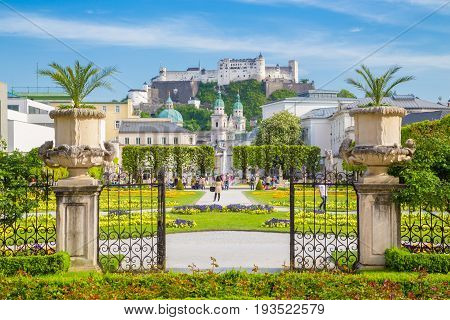 Mirabell Gardens With Hohensalzburg Fortress In Salzburg, Austria