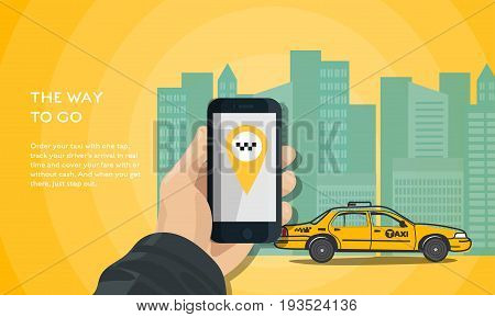 Vector modern illustration with yellow cab and mobile application in phone with city background